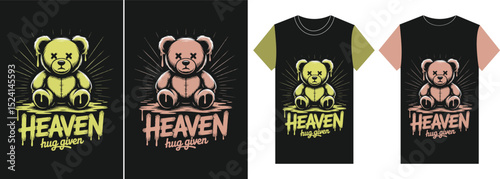 Heaven-inspired Bear Designs: Illustrative designs featuring a cuddly teddy bear, a radiant burst of light, and the word "HEAVEN", rendered in a creative vintage style.
