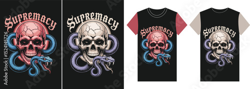 Sinister Design: A bold design featuring a skull entwined with a serpent, the word "Supremacy" emblazoned above in a gothic font. The image evokes themes of power and dominion. 