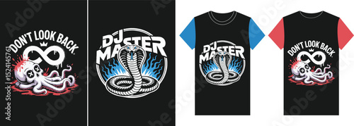 Graphic T-Shirt Design Mockups: A dynamic presentation of graphic t-shirt designs, showcasing bold and eye-catching illustrations and typography for apparel marketing or fashion design concepts.