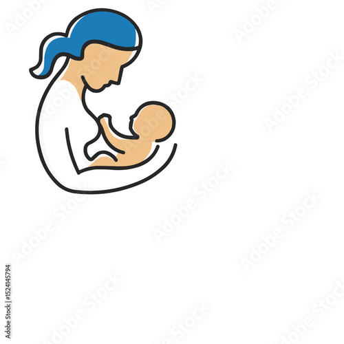 A mother cradles a baby in her arms, emphasizing nurturing and bonding, with her blue hair contrasting against a simple background.