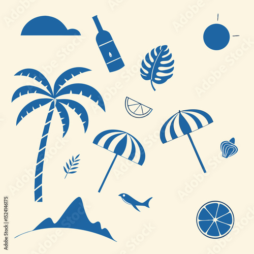 Italian greek style vacation hand drawn vector illustrations in grunge scribble rough doodle sketch style elements. Wave, surf, palm tree vacation in chalk charcoal style. Drawings for poster, placard