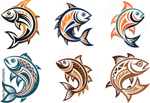 Six stylized fish designs perfect for logos branding and tribal art projects offering a scalable graphic resource for creative professionals