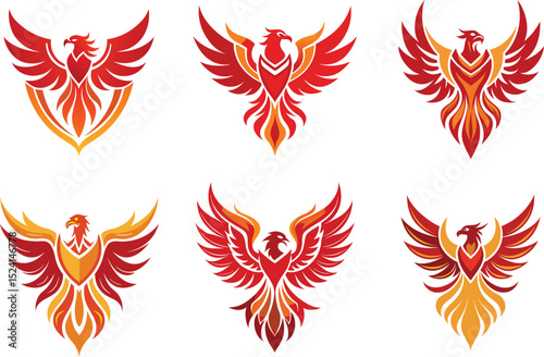 Fiery Phoenix Logo Designs: Scalable Red and Orange Bird Icons for Branding and Corporate Identity