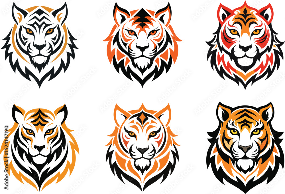 Fototapeta premium Six stylized tiger head designs perfect for logos branding or mascot creation offering diverse color schemes and a powerful aesthetic