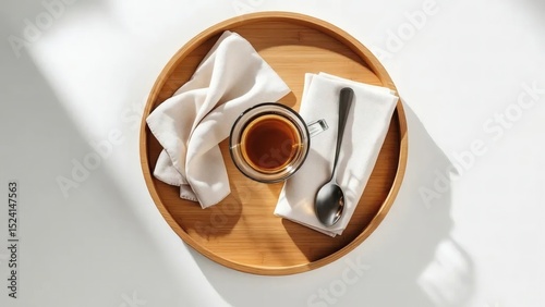 Inviting Flatlay Coffee, Spoon, and Linen Napkins on Wooden Tray
