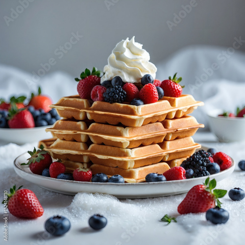 Fluffy waffles stacked high, topped with fresh berries and whipped cream, ideal for brunch enjoyment any time of day