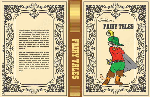 033-01-Children's fairy tales book cover design showcasing puss in boots character in a vintage, ornate frame. Hand drawn illustration