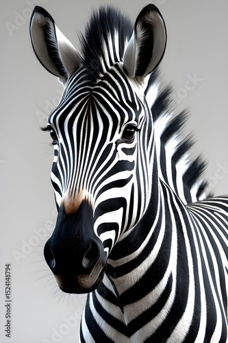 Portrait of a zebra. A zebra with a black nose and white stripes. 