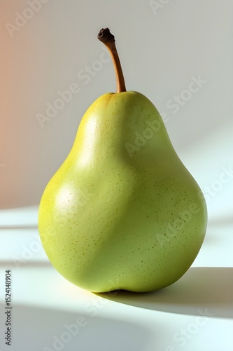 A green pear sits on a white table. The pear is ripe and ready to eat. Concept of freshness and natural beauty. 