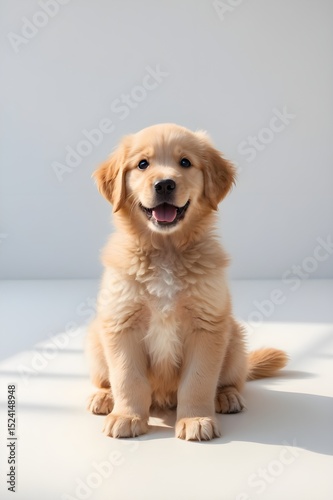 A cute golden retriever puppy is sitting on a white surface with its mouth open. 