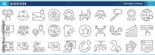 A set of line icons related to Blogger. Blog, video, content, creation, freelancer, follower, notification, and so on. Vector editable stroke.