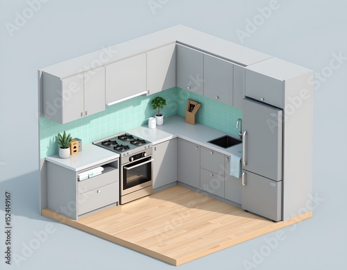 Modern Grey Kitchen Isometric Design Compact Apartment Space Minimalist Style Small Appliance Layout