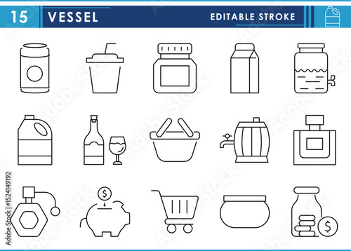 A set of line icons related to Vessel. Pot, can, glass, pot, perfume, box, piggy bank, and so on. Vector editable stroke.