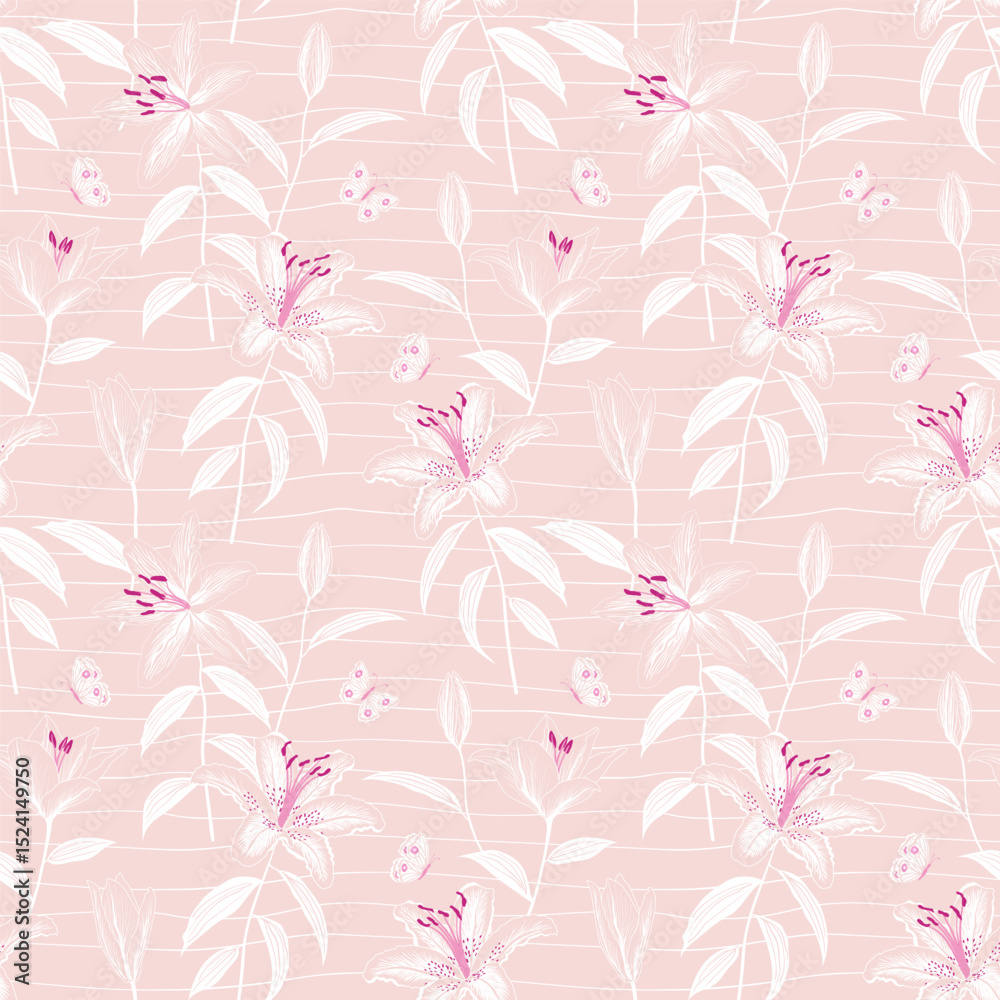 Hand drawn outline lily floral with butterfly seamless pattern on monotone pink color