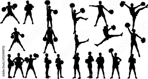 Vector silhouettes of young boys cheerleaders.

