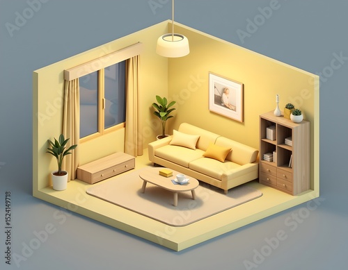 Cozy Minimalist Living Room Interior Design Isometric 3D Render of Yellow Room
