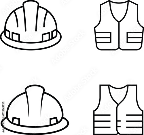 Minimalist Line Art Grid of Hard Hats and Safety Vests for Construction Safety Themes