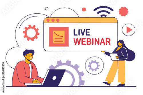 Live webinar illustration featuring video internet conference icons. Ideal for live streams, online education, remote work, team meetings, and distance communication. Modern vector style.