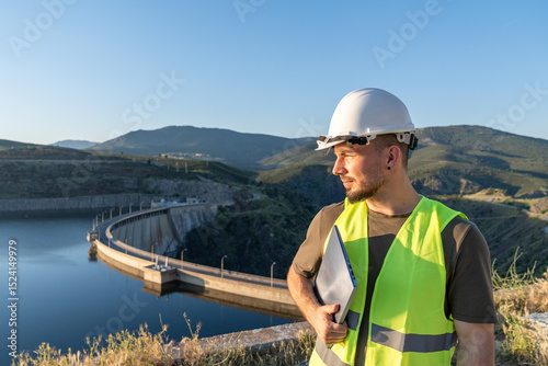 Engineer holding laptop supervising dam construction in mountain valley