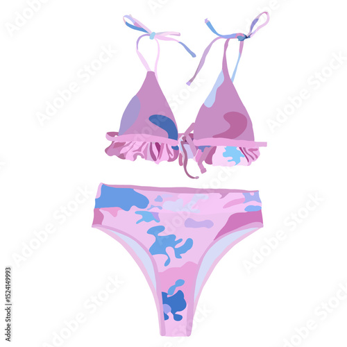 Pink Camo Bikini Set Vector Illustration - Women's Summer Swimsuit