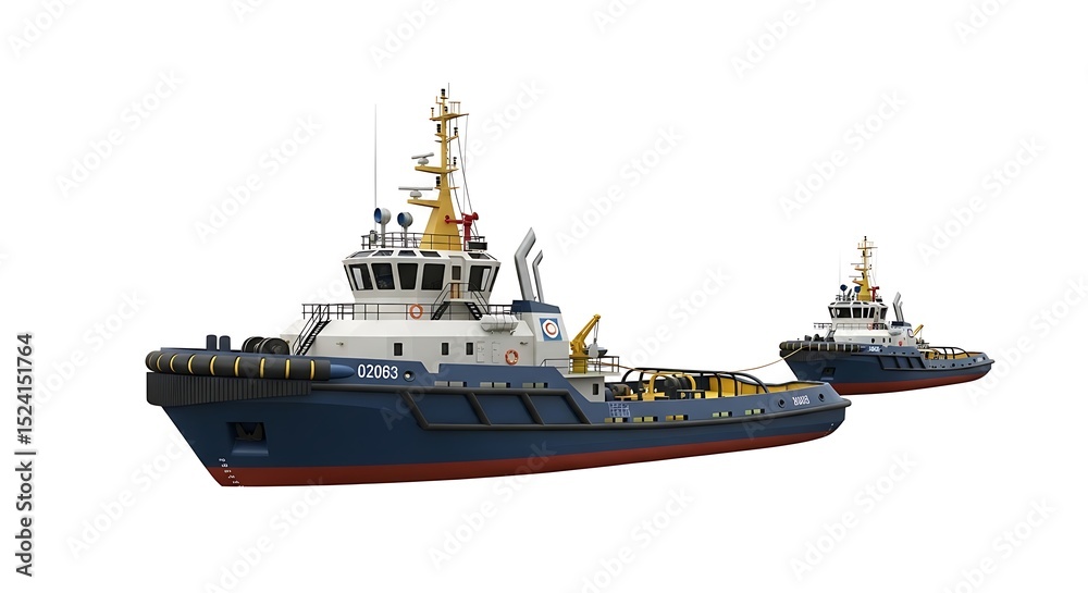 Naklejka premium Two Tugboats Isolated on White Background for Maritime Transport