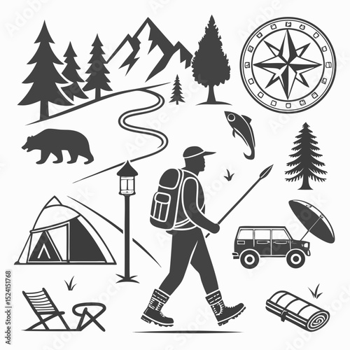 Camping, outdoor adventure icon set. Vector glyph pictograms of eco-tourism, tent, backpack, campfire, compass, kayak, hiking, travel, wilderness exploration black silhouette illustration