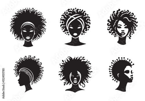 African woman face vector Silhouette hair style Vector Set