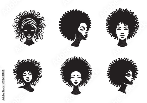 African woman face vector Silhouette hair style Vector Set