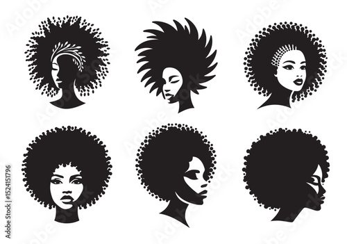 African woman face vector Silhouette hair style Vector Set