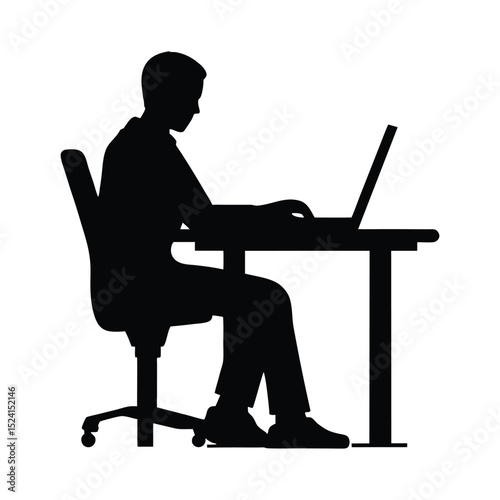 Businessman sitting at office desk working on laptop computer with silhouette illustration vector icon on white background