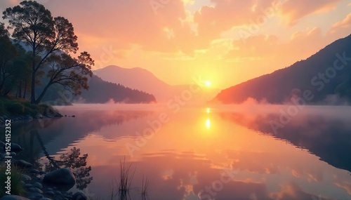 Serene sunrise over a tranquil lake, mist gently rising, creating a peaceful and ethereal atmosphere Perfect for travel, nature, or wellness projects , water, peaceful