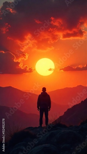 A solitary figure silhouetted against a breathtaking sunset, conveying a sense of peaceful solitude and spiritual contemplation amidst vast, empty landscapes , isolation, prayer