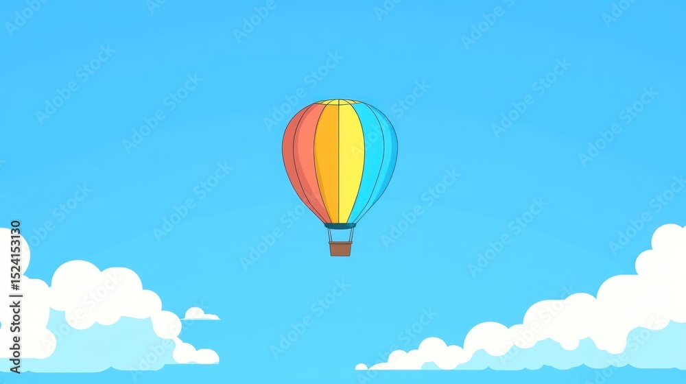 Fototapeta premium A vibrantly colored hot air balloon ascends a clear, light-blue sky, floating serenely above fluffy white clouds at the bottom