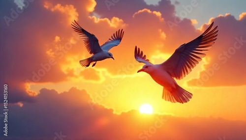 A pair of birds in flight, wings outstretched, soaring through a vibrant sunset sky, symbolizing freedom and affection Perfect for themes of love, nature, and boundless joy , soul, sky, joy
