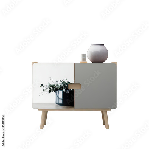 Modern Minimalist Wooden Cabinet with Stylish Design, Indoor Plant, and Decorative Vase on Top, Ideal for Home Decor and Interior Design Inspiration