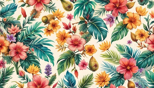 Colorful seamless floral pattern with tropical flowers and leaves, ideal for textile, wallpaper, packaging, and surface design.