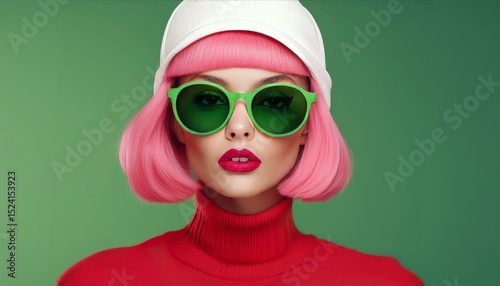 Porträt einer jungen Frau mit pinker Bobfrisur, grüner Oversize-Sonnenbrille und weißer Baseballkappe. Ihr roter Lippenstift und ein leuchtend roter Rollkragenpullover setzen stilvolle Akzente.