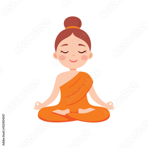 Young girl meditating in orange monk robe peaceful posture
