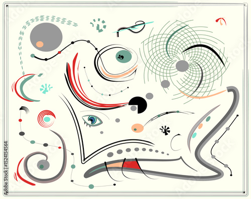 A whimsical assortment of various shapes and lines in a abstract composition  with a playful mixture of curves, circles, and dots in a muted color palette.