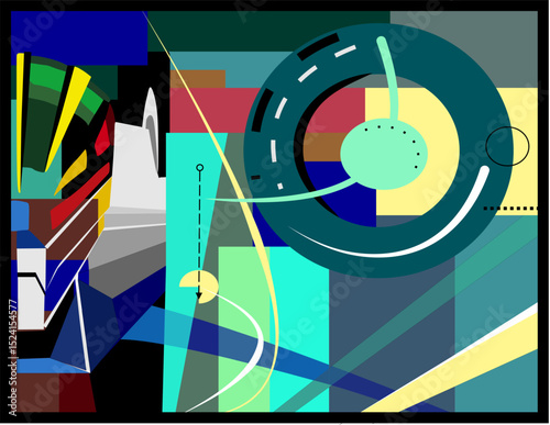 A vibrant and abstract composition combines various geometric shapes and vivid colors, creating a dynamic visual effect