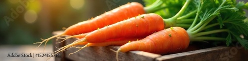 A vibrant bunch of freshly harvested carrots, glistening with morning dew, sitting in a rustic wooden crate on a sunny Sunday morning Perfect for healthy eating themes , harvest, summer