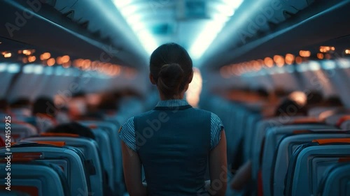 Stewardess in Airplane: An evocative photograph captures a flight attendant gracefully navigating the interior of a commercial aircraft, offering a unique perspective on air travel.