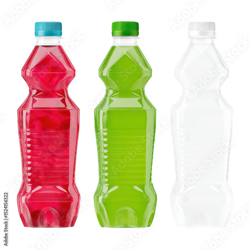 Colorful Bottles of Water with Unique Caps for Refreshing Beverages and Healthy Hydration Options on a Bright White Background
