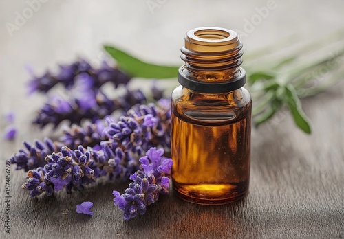 Lavender flowers and lavender oil on a wooden table.