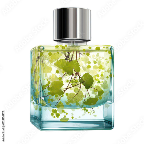 Elegant glass perfume bottle with natural elements and fresh design, vibrant colors showcasing nature-inspired scents for beauty and fragrance lovers
