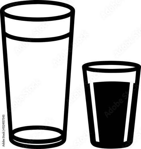 A stylized illustration of two drinking glasses one empty and one filled with a dark liquid in a simple black and white design