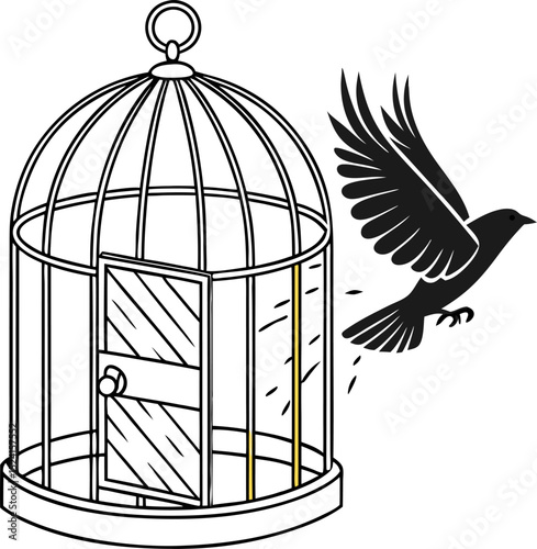 A stylized black bird escaping from an open birdcage representing freedom and liberation against a white background.