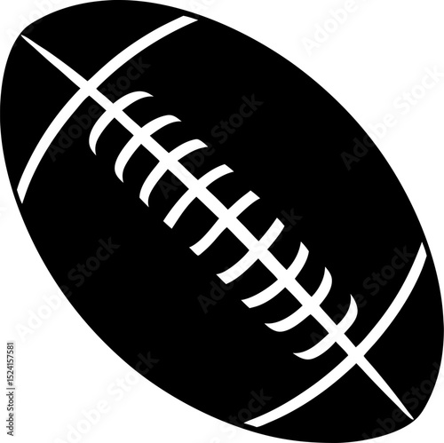 Black and white football graphic depicting a classic american football with white stitched details and a black background.