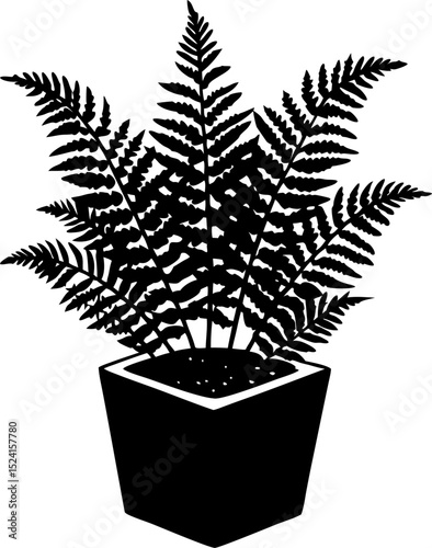 Elegant black and white silhouette of a fern plant thriving inside a minimalist square planter for natural design concepts