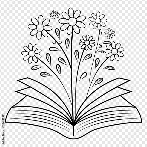 Blooming Book A Floral Literary Illustration, Open Book with Flowers, Line Art Design